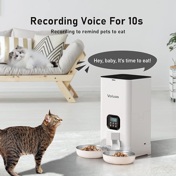 Voluas Automatic Cat Feeder for Two Cats, Double Pet Feeder with 2 Stainless Steel Bowls,6L Timed Cat Feeder with Memory Function, Pet Food Dish
