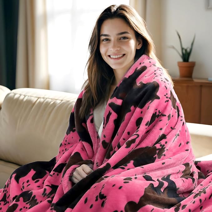 Hot Pink Cow Blanket Flannel Fleece Throw Blanket Soft Cozy Black Cow Print Blankets for Bed Couch Sofa 50x60 inch