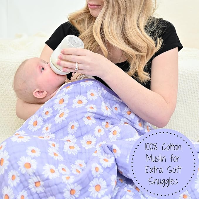 LollyBanks Muslin Baby Blanket 100% Cotton, Muslin Quilt Lightweight, Muslin Blanket for Girls, 6 Layers Baby Blankets 47"x 47", Soft Nursery Receiving Blankets Baby Essentials (Daisy Print)