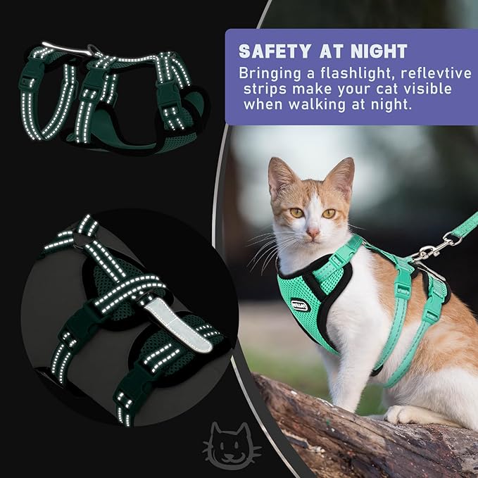 Cat Harness for Walking, Escape Proof Cat Harness and Leash Set with Reflective Strip, Adjustable Cat Leash Breathable Soft Vest for Small to Large Cats, Green, S