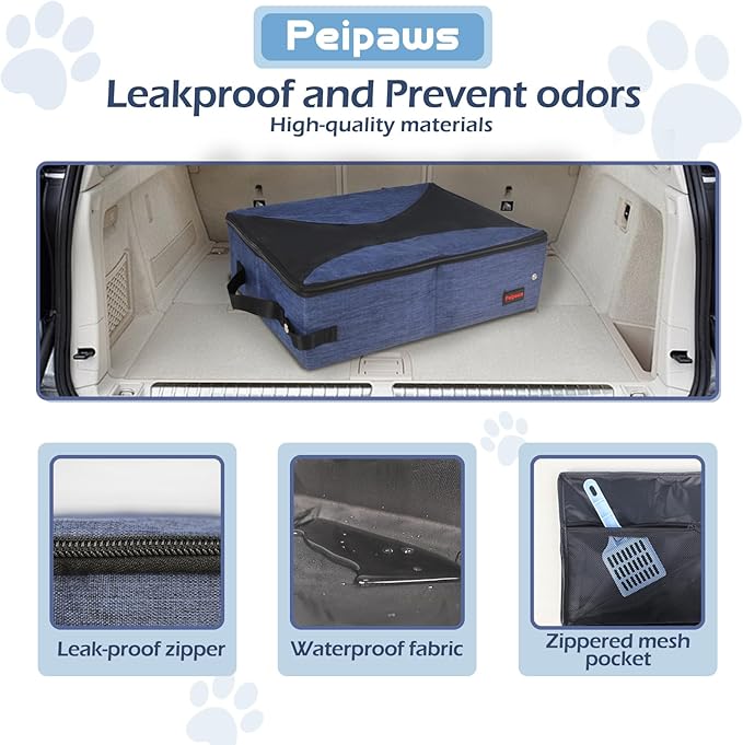 Portable Litter Box for Cats for Travel with Zipper Leak-Proof Lid, Double Carry Handles, Collapsible Litter Box for Cats, Waterproof. Includes Bonus Water Bowl+Scooper+Poop Bags (Blue,M)