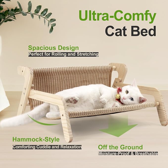 Sisal Cat Bed, Large Cat Beds for Indoor Cats, Easy Clean Sisal Scratcher and Sturdy Natural Wood Cat Couch&hammock Comfy Rustic Cat Furniture for Living Room Bedroom, All Age Up to 50Lbs(21" x 18")