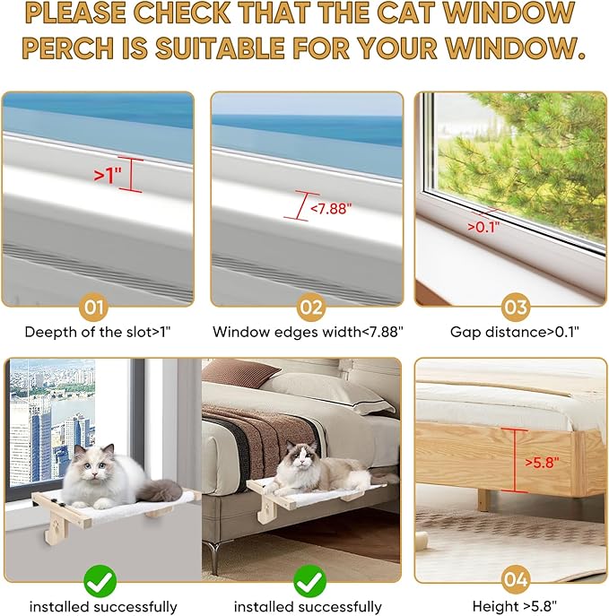 Cat Window Perch, Cat Window Hammock for Indoor Cats, Easy to Adjust & Assemble Large Cat Bed Seat for Windowsill, Bedside,Drawer and Cabinet