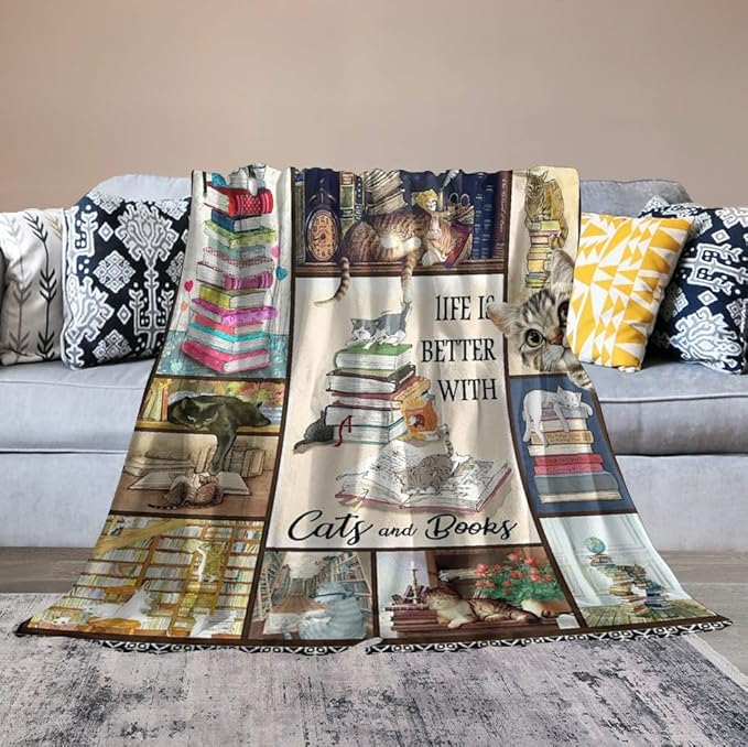 Read Blanket Cat Gifts for Reader Girls Boys Woman Kids Cat Lover Reading Book Throw Blankets Soft Blanket Warm Fleece Flannel Plush Blankets for Bed Sofa Couch 40"x50"