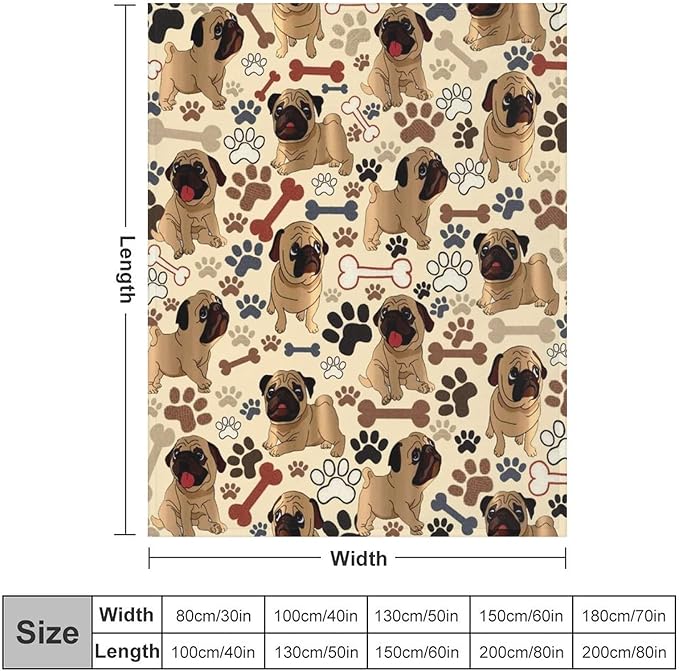 Pug Blanket Dog Paws Throw Blanket Ultra Soft Flannel Blankets for Living Room Sofa Couch Kids Adults Gifts for Pug Lovers 50"X40"