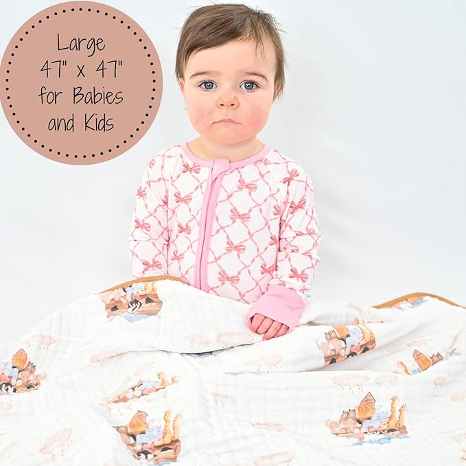 LollyBanks Muslin Baby Blanket 100% Cotton, Muslin Quilt Lightweight, 6 Layers Baby Blankets 47"x 47", Toddler Blanket for Boy and Girl, Nursery Receiving Blankets Baby Essentials (Noah's Ark Pattern)