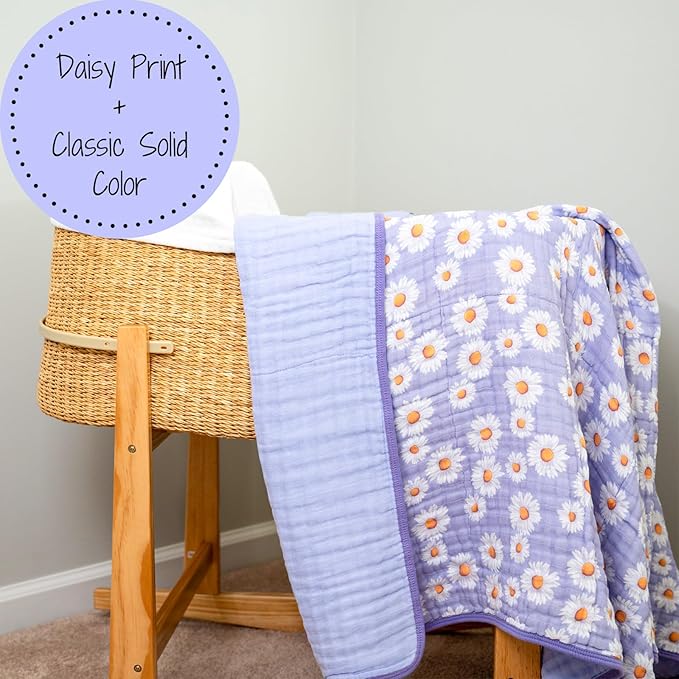LollyBanks Muslin Baby Blanket 100% Cotton, Muslin Quilt Lightweight, Muslin Blanket for Girls, 6 Layers Baby Blankets 47"x 47", Soft Nursery Receiving Blankets Baby Essentials (Daisy Print)