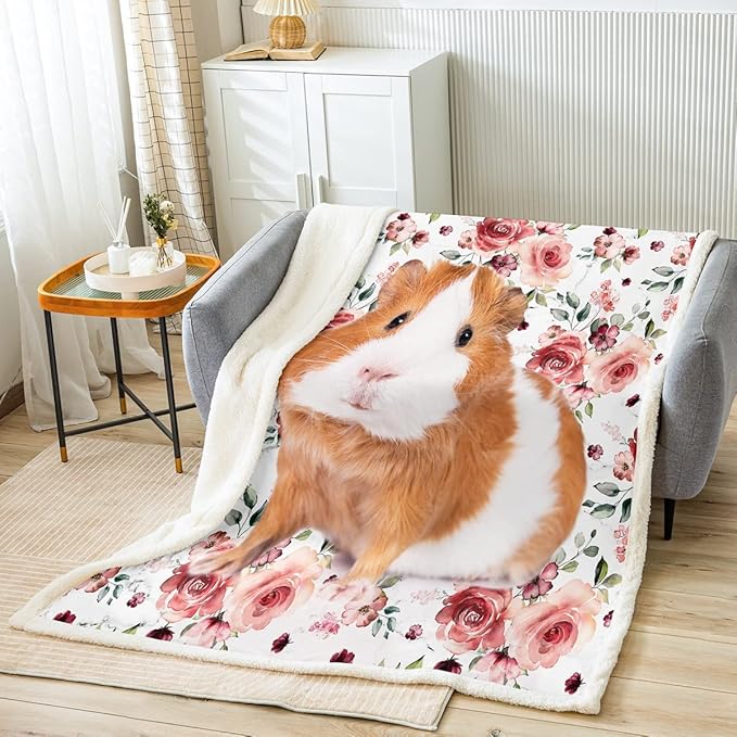 Guinea Pig Sherpa Blanket for Boys & Girls - Twin Size, Cute Animal Print, Red Roses, Botanical Blossoms & Flowers, 3D Pattern, Kids Throw Blanket