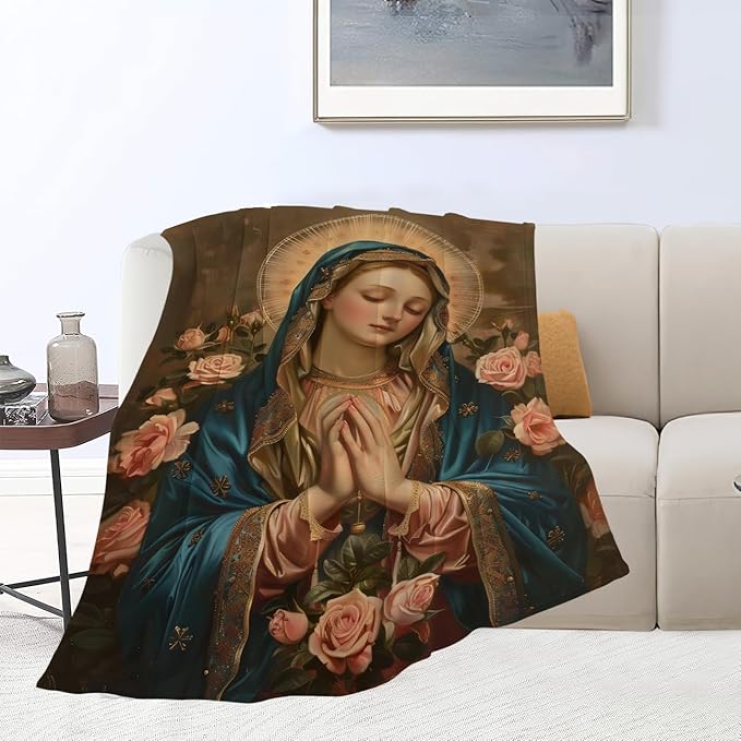 Virgin Mary Throw Blanket Catholic Religious Faith Mexican Mother of God Prayer Print Blankets Gifts for Couch Sofa Stuff Decor Cozy Fleece Plush Flannel Bedding for Lover Men Women Adults 40"x50"