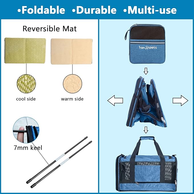 Large Cat Carrier 20lbs - Pet Carrrier Bag - Soft Sided Breathable Mesh Pet Travel Carrier for Dogs, Portable Top Loading Big Cat Carrier for 2 Cats, Folding Dog Soft-Sided Carrier, Blue