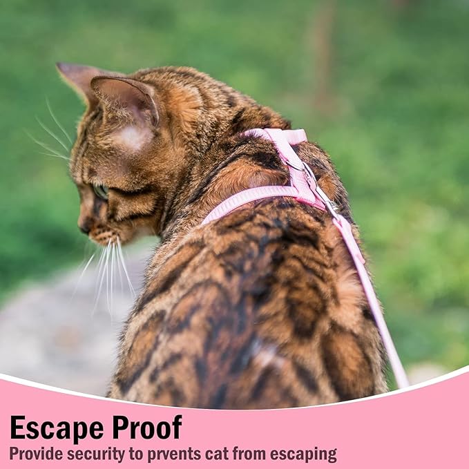 PUPTECK Adjustable Cat Harness and Leash Set Escape Proof Kitten Strap Collar for Walking Travel, Pink, M