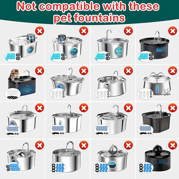 Cat Water Fountain Filters,16 Pack Cat Fountain Replacement Filters for Stainless Steel 67oz/2L Adjustable Water Flow Pet Water Fountain,Dog Water Fountain (8+8 Pack)