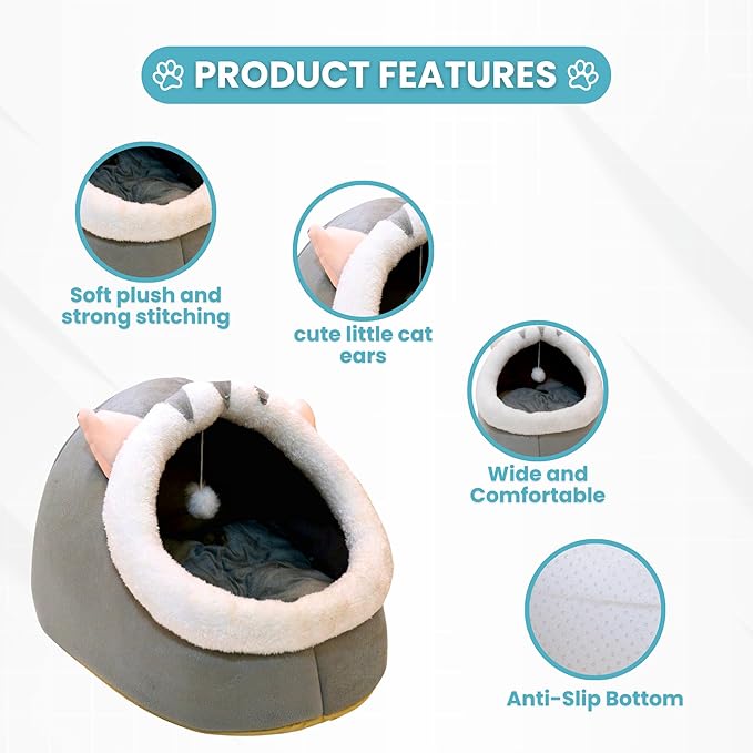Johanna's Gateau Cat Bed Cave, Covered Cat Bed with Removable Washable Cushioned Pillow, Comfortable Warming Cat Beds for Indoor Cats, grey