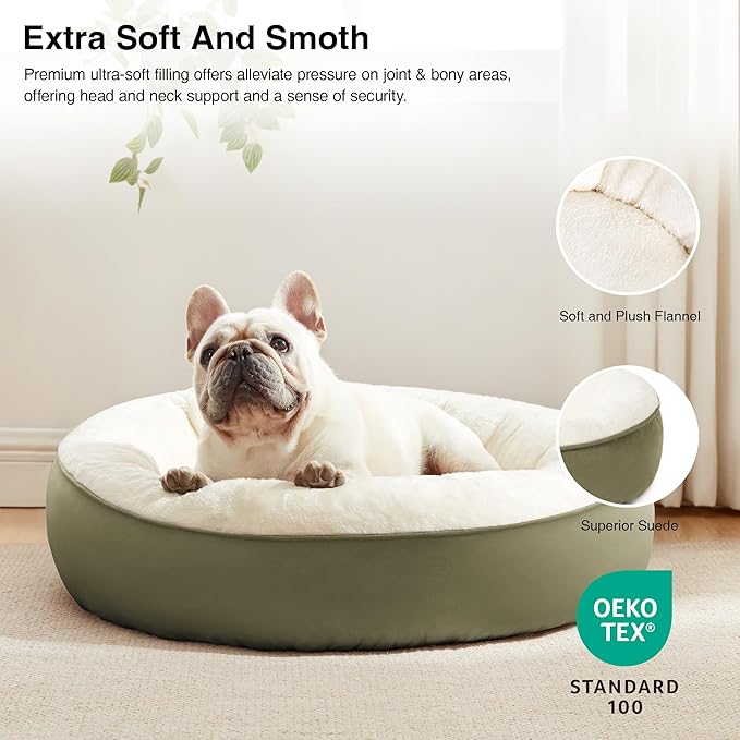 Love's cabin Round Donut Cat and Dog Cushion Bed, 25in Pet Bed for Small or Medium Dogs, Anti-Slip & Water-Resistant Bottom, Soft Durable Fabric Pet Beds, Washable Calming Cat & Dog Bed Olive Green