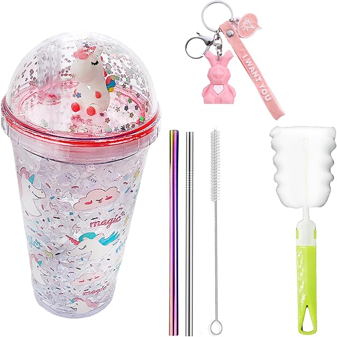 Unicorn Cup with Straw Kids Travel Tumbler Watter Bottle Plastic Cup Party Gift Coffee Mug (white unicorn 2, 6.5 * 20cm)