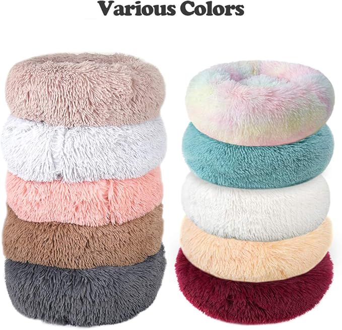 otoez Kitten Puppy Bed Small Round Dog Cat Beds Anti Anxiety Plush Pet Calming Donut Bed with Non-Slip Waterproof Bottom, Washable (19.7", White)