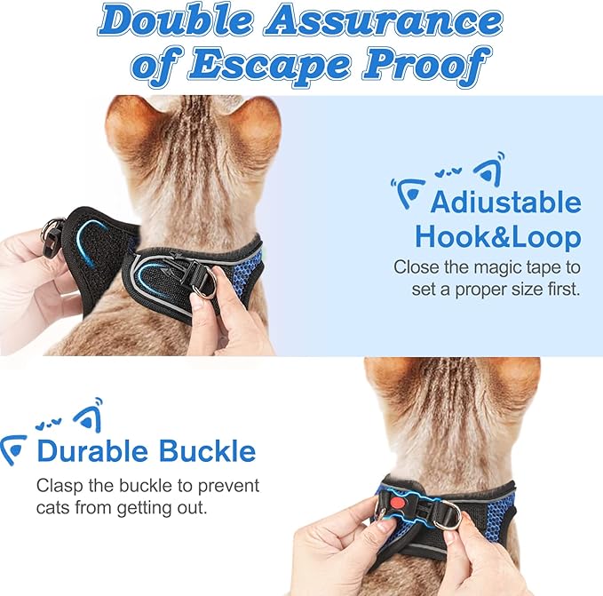 Cat Harness and Leash for Walking Escape Proof, Adjustable Kitten Vest Harness Reflective Soft Mesh Puppy Harness for Outdoor, Comfort Fit, Easy to Control (Blue, M)