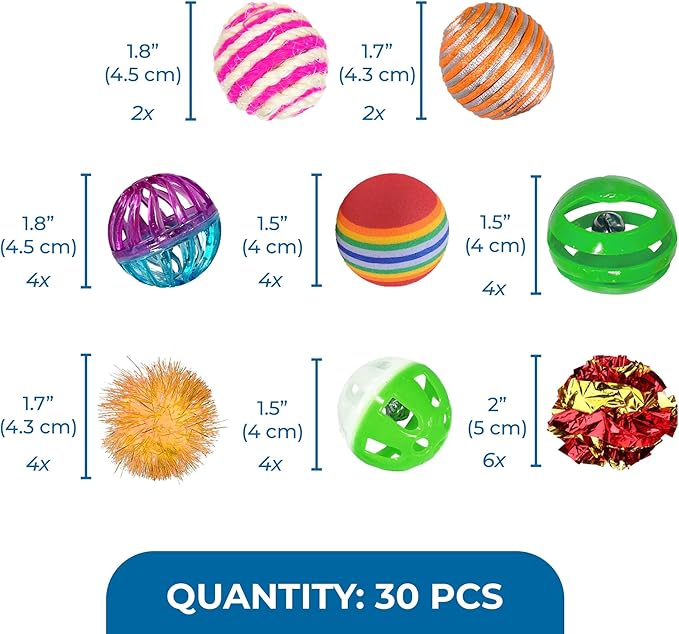 SunGrow Mix Balls for Ferrets, Multi-Sensory Fun Activity Set, Mind and Body Exercise, Teeth Care, Pet Enrichment, Assorted Foam, Jingle, Crinkle, Sisal, Coil, Pompom Balls, 30 Pcs