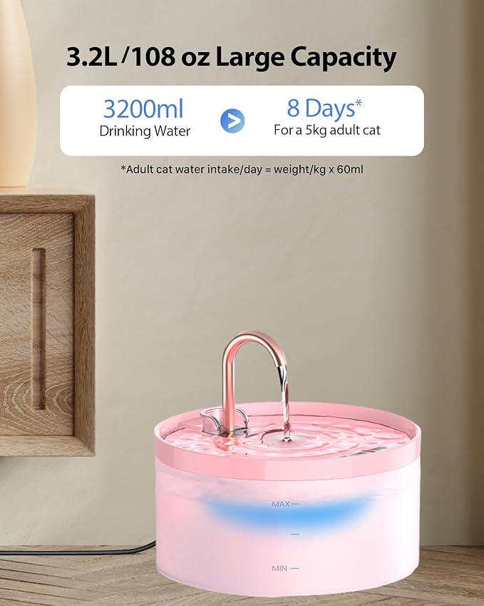 Cat Water Fountain with Tap Shape: 3.2L Cat Fountain for Cats - Super Quiet Water Pump - Filters Hair - Easy Disassembly - 6 Filters + 3 Foam Filters - Pink Cat Fountains for Drinking