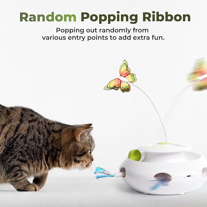 ALL FOR PAWS 3 in 1 Interactive Cat Butterfly Flutter Toy with Rolling Balls, Poping Feather Toy Automatic Kitten Spinner Toys Mental Stimulation for Indoor Cats, USB Rechargeable Kitty Toys