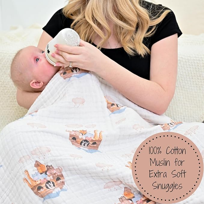 LollyBanks Muslin Baby Blanket 100% Cotton, Muslin Quilt Lightweight, 6 Layers Baby Blankets 47"x 47", Toddler Blanket for Boy and Girl, Nursery Receiving Blankets Baby Essentials (Noah's Ark Pattern)