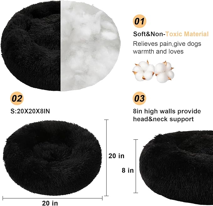 Dog Bed Calming Dog Beds for Small Medium Large Dogs - Round Donut Washable Puppy Dog Bed, Anti-Slip Faux Fur Fluffy Donut Cuddle Anxiety Cat Pet Bed(20'' Black)