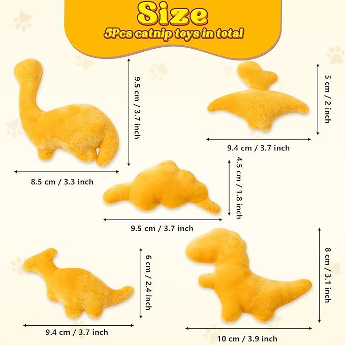 MALLMALL6 Catnip Toys for Cat - 5Pcs Dino Nuggets Cat Toys, Dinosaur Chicken Nugget Catmint Interactive Gift for Indoor Cats, Plush Golden Cat Supplies, Chew Cat Toy Set, Cute Pet Gifts for Cat Lover