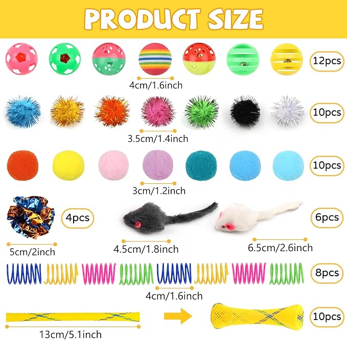 Kitten Toys, 60PCS Cat Balls Springs Toy Set, Sparkle Ball, Cat Mouse Toy, Cat Crinkle Balls, Cat Springs, Cat Ball Toy, Furry Cat Toys Balls Soft Pom Pom Balls