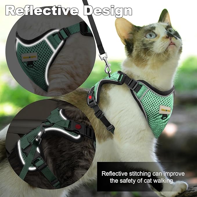 Cat Harness and Leash for Walking, Retractable Cat Harnesses and Leash Set Escape Proof, Breathable Soft Kitten Harness Small Large Cat Harness for Travel Training and Walking, Green, S