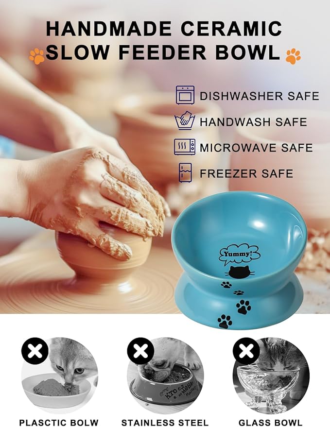 Y YHY Elevated Cat Food Bowl, Ceramic Raised Cat Bowl, Tilt Angle Protect Cat's Spine, Anti Vomiting Cat Dish, Backflow Prevention, Lake Blue
