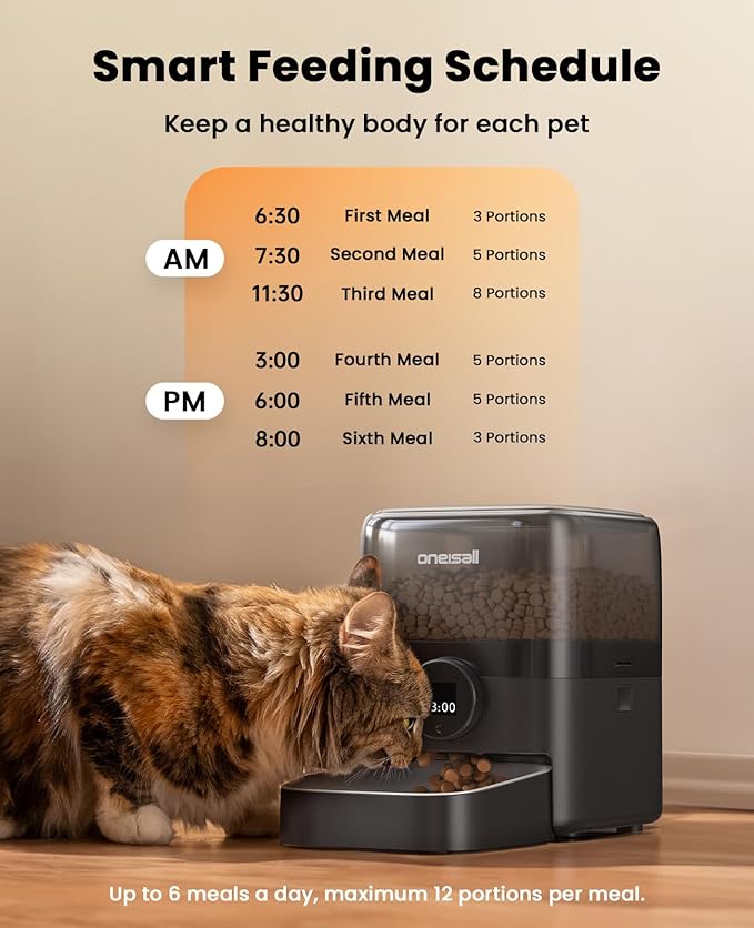 oneisall Automatic Cat Feeder, Timed Cat Feeder with Stable Structure, Dry Food Dispenser with Backup Power, Programmable, 1-6 Meals Per Day Pet Food Dispenser with Desiccant Bag