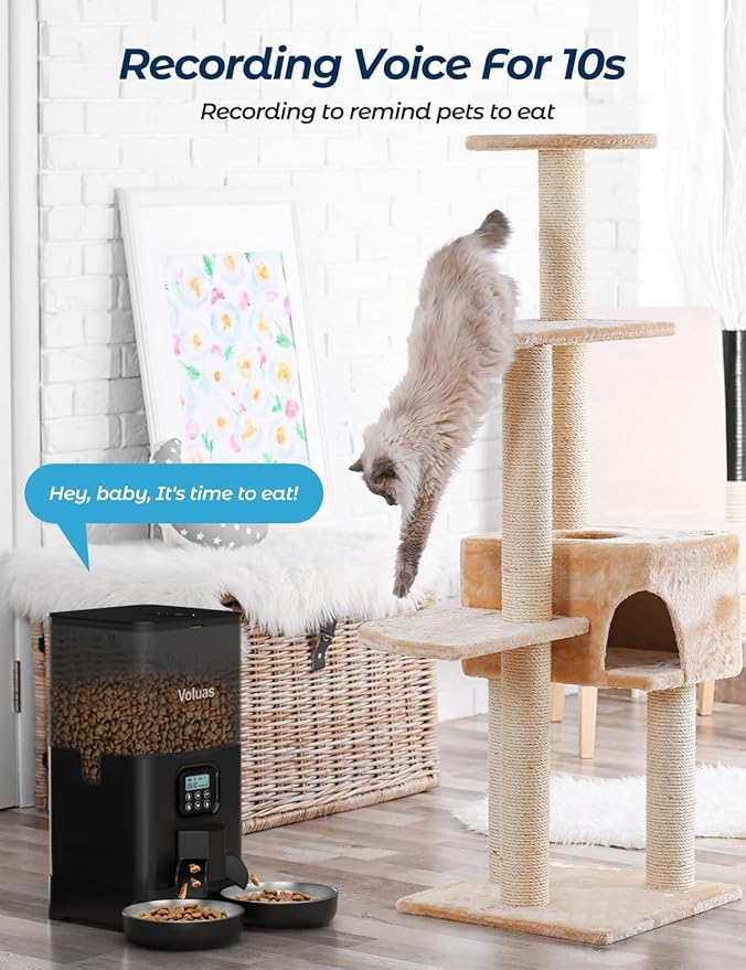 Voluas Automatic Cat Feeder for Two Cats, Double Pet Feeder with 2 Stainless Steel Bowls,6L Timed Cat Feeder with Memory Function, Pet Food Dish