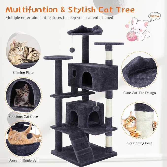 Sweetcrispy 54-Inch Cat Tree Tower – Multi-Level Cat Tower with Sisal Scratching Post, Perfect Cat Gift, Indoor Cat Tree with Condo, Climbing Ladder, Plush Toy, and More Cat Stuff,Grey