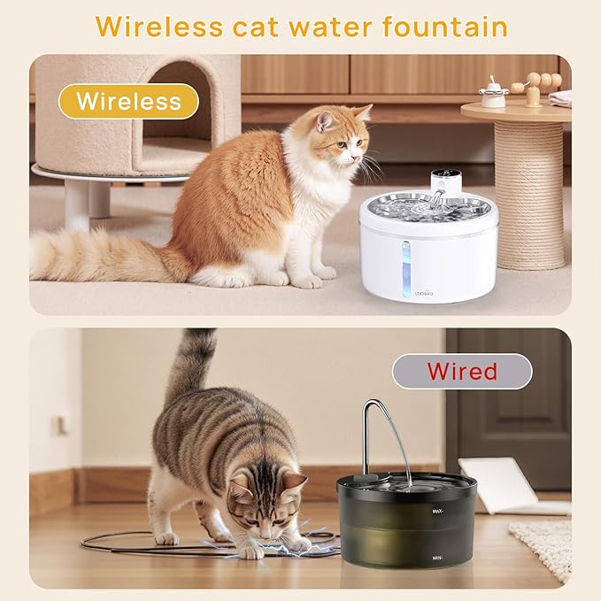 Wireless Cat Water Fountain with Stainless Steel Tray, Battery Operated Cat Fountain - 102oz/3L Automatic Pet Water Dispenser, Easy Clean with Motion Sensor for Cats, Dogs