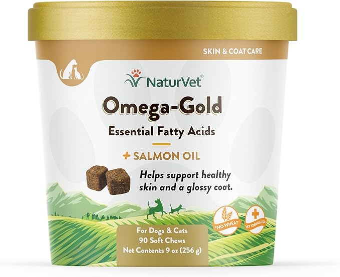 NaturVet – Omega-Gold Plus Salmon Oil | Supports Healthy Skin & Glossy Coat | Enhanced with DHA, EPA, Omega-3 & Omega-6 | for Dogs & Cats | 90 Soft Chews