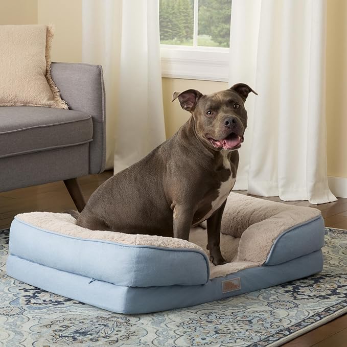TOWN & COUNTRY EVERYDAY CuddleTown Comfy Solid Bolster Sofa Pet Bed, Supportive & Calming Egg Crate Foam, Water Repellent, Non-Slip Bottom, Machine Washable Cover, Blue, Large 35"x25"x8"