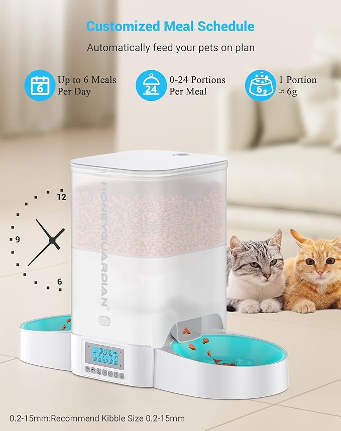 HoneyGuaridan Automatic Cat Feeder for Two Cats,3.5L Cat Food Dispenser with Slow Bowl,Timed Feeder Programmable 1-6 Meals Control, Dual Power Supply,Desiccant Bag,10s Meal Call White