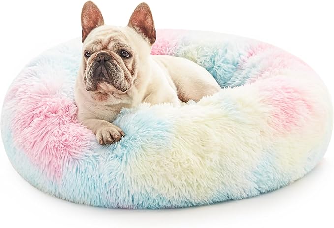 Love's cabin 24in Cat Beds for Indoor Cats - Cat Bed with Machine Washable, Waterproof Bottom - Fluffy Dog and Cat Calming Cushion Bed for Joint-Relief and Sleep Improvement, Rainbow