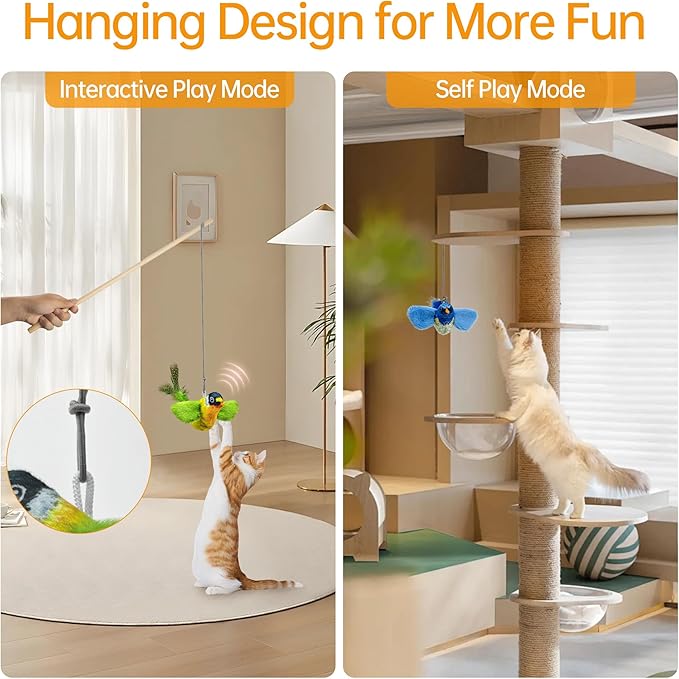 Chirping Bird Cat Toys Hanging Cat Feather Toy - Catnip Interactive Cat Toys for Indoor Cats - Automatic Cat Toy for Cat Exercise & Kicker to Self Play (Gray New)