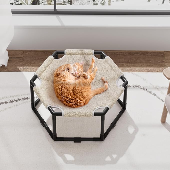 Tresbro Cat Bed, Hexagon Warm Elevated Cat Bed with Thick Teddy Velvet & Anti-Slip Pads, Raised Cat Hammock Bed for Indoor and Outdoor Use, 20.5'' x 18'' x 9.4'' Cat Hammock for Medium to Small Cats