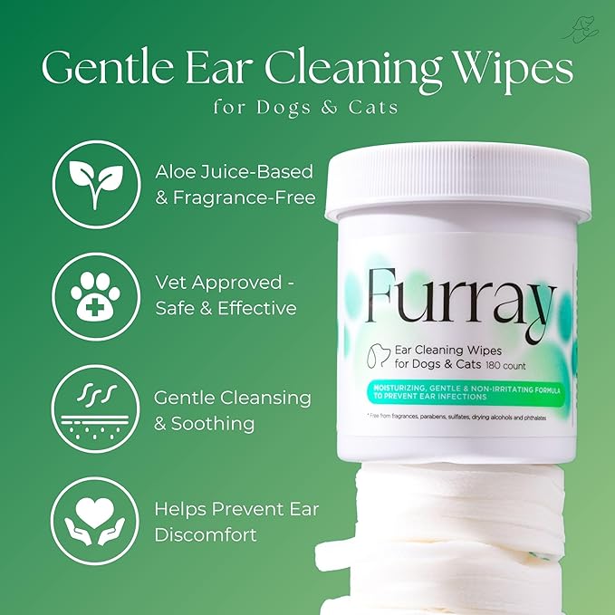 Ear Cleaning Wipes for Dogs and Cats 180 Count | for Small-Medium Breeds | Soothes, Deodorizes, Removes Ear Wax, Ear Relief | Gentle, Aloe Based, Fragrance-Free, pH-Balanced Formula