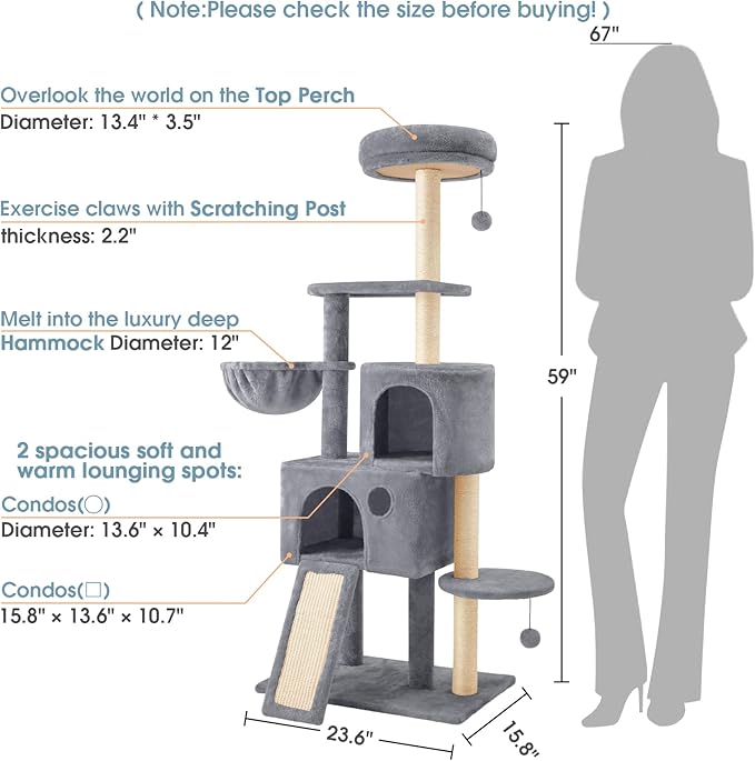 59" Large Cat Tree Tower for Indoor Cats Soft Plush Multi-Level Cat Condo House with Hammock, 2 Cat Cave, Scratching Post, Sisal Staircase, Grey