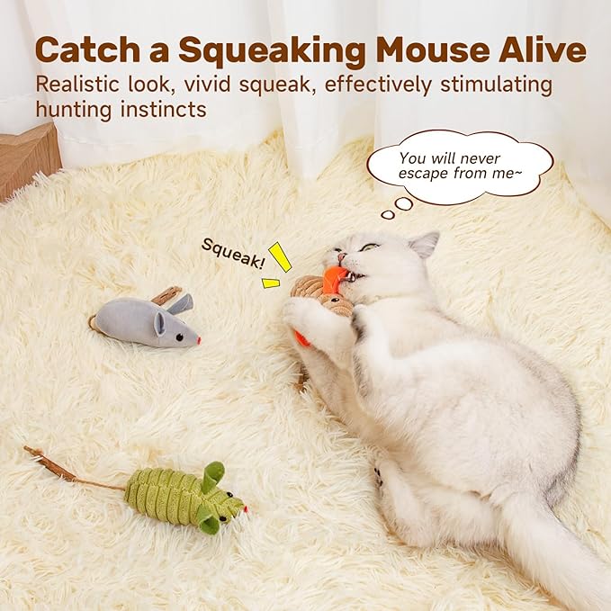 Potaroma Cat Toys 3Pcs Squeak Mice, Interactive Catnip Silvervine Animals Toys for Indoor Kittens, Dental Matatabi Cat Nip Chirping Toy, Cat Chew Exercise Toy for All Breeds and Species