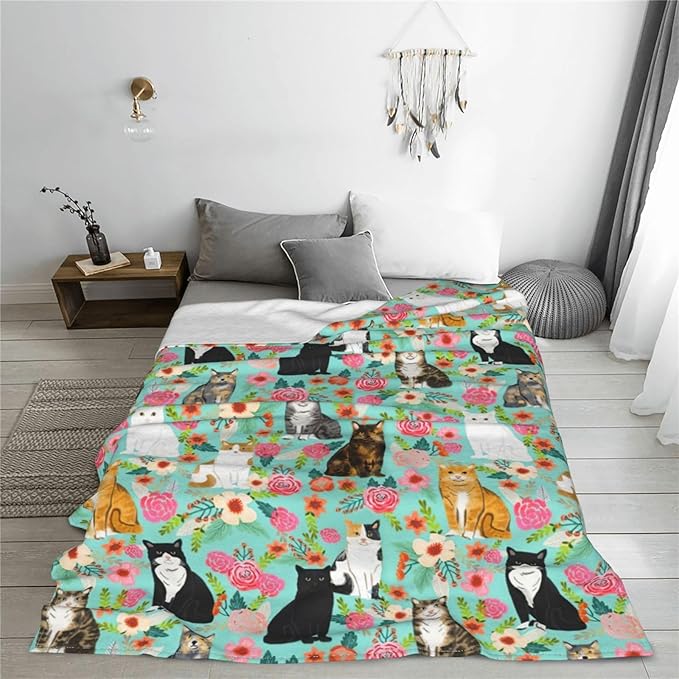 Dollffey Cat Blanket Gifts for Girls Women Cute Cats Flowers Flannel Fleece Throw Blanket Soft Plush Lightweight Warm Fuzzy Teal Blanket for Cat Lovers Decor Bed Couch Living Room for Kids 40"X50"
