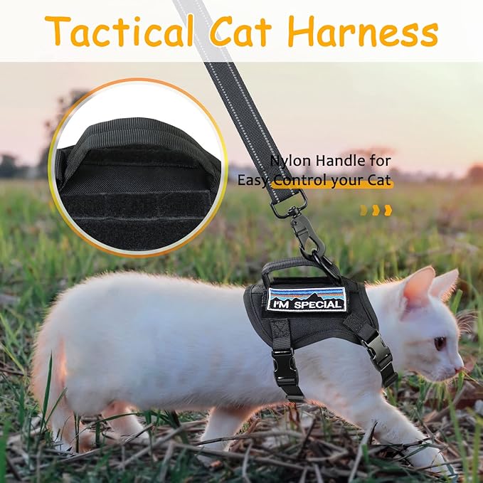 Tactical Cat Harness for Walking, Adjustable Escape Proof Pet Vest for Large Cat,Easy Control Breathable Cat Vest with Handle,Molle Patches (Black, L)