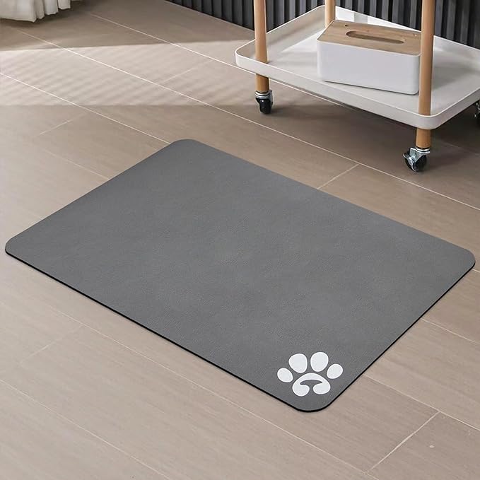 YCT Pet Cat Food Mats for Dog Food Mat, Cat Mat for Food, Pet Dog Cat Feeding Mat Eating Mat Pet Dog Cat Bowl Mats, Non-Slip Super Absorbent, with Footprints Logo,24 x 16.9 inches, Dark Grey