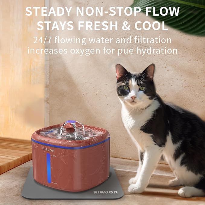 Cat Water Fountain 84oz/2.5L - Automatic Pet Fountain & Dog Water Dispenser with Replacement Filters & Feeding Mat for Cats, Dogs, Multiple Pets (Camouflage Brown)