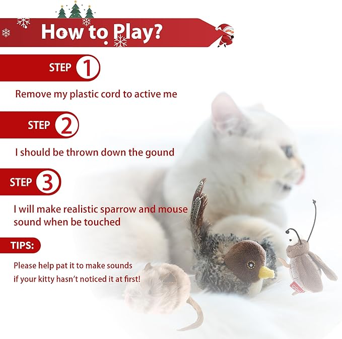 PETGEEK GiGwi Chirping Bird Cat Toys 3 Pcs- Melody Chaser Realistic Plush Cat Toys for Indoor Cats- Hangable Design Best Gift for Birthday, Thanksgiving, Christmas, New Year (Bird Mouse Cricket Set)