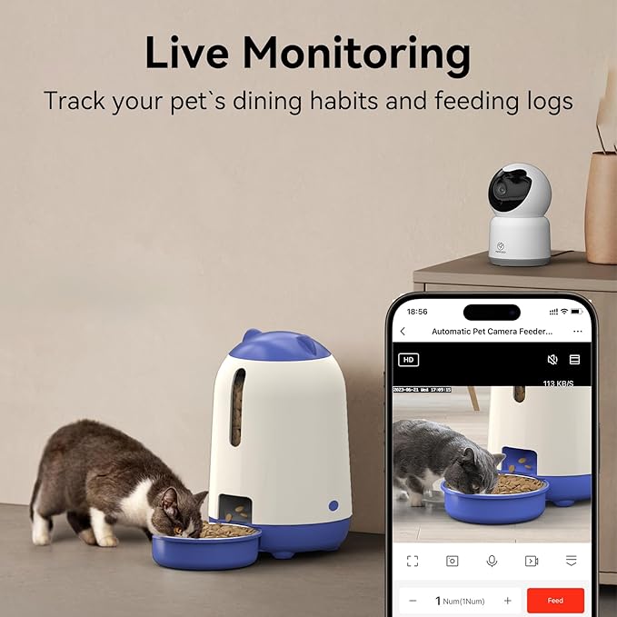 Smart Automatic Cat feeders(2.4G WiFi) and External Camera(2.4/5G WiFi), WiFi Pet Feeder with APP, 1080P HD Video with Enhanced IR Night Vision,Blue-Tooth Link Assist Function&Cloud Storage