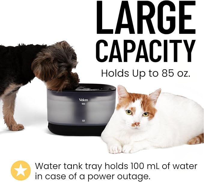 Veken Cat Water Fountain with Detachable Tank, Easy to Clean & Assemble, 84oz/2.5L Automatic Pet Drinking Dispenser with Quiet Operation, Appealing to Cats, Small Pets and Dog, Black